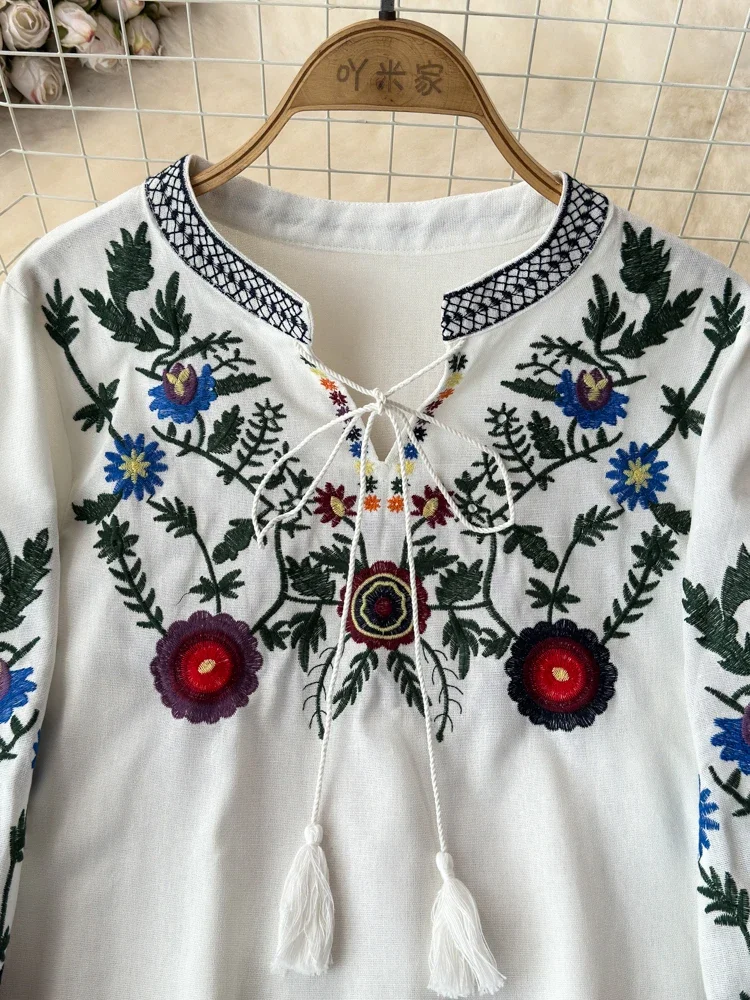Women\'s Retro Blouse National Style Embroidered Lace-Up Tassel V-Neck Lantern Sleeve Tops Loose All-Match Female Blusa A21