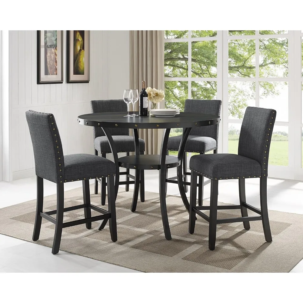 

Collection Biony Espresso Wood Counter Height Dining Set with Gray Fabric Nailhead Stools,