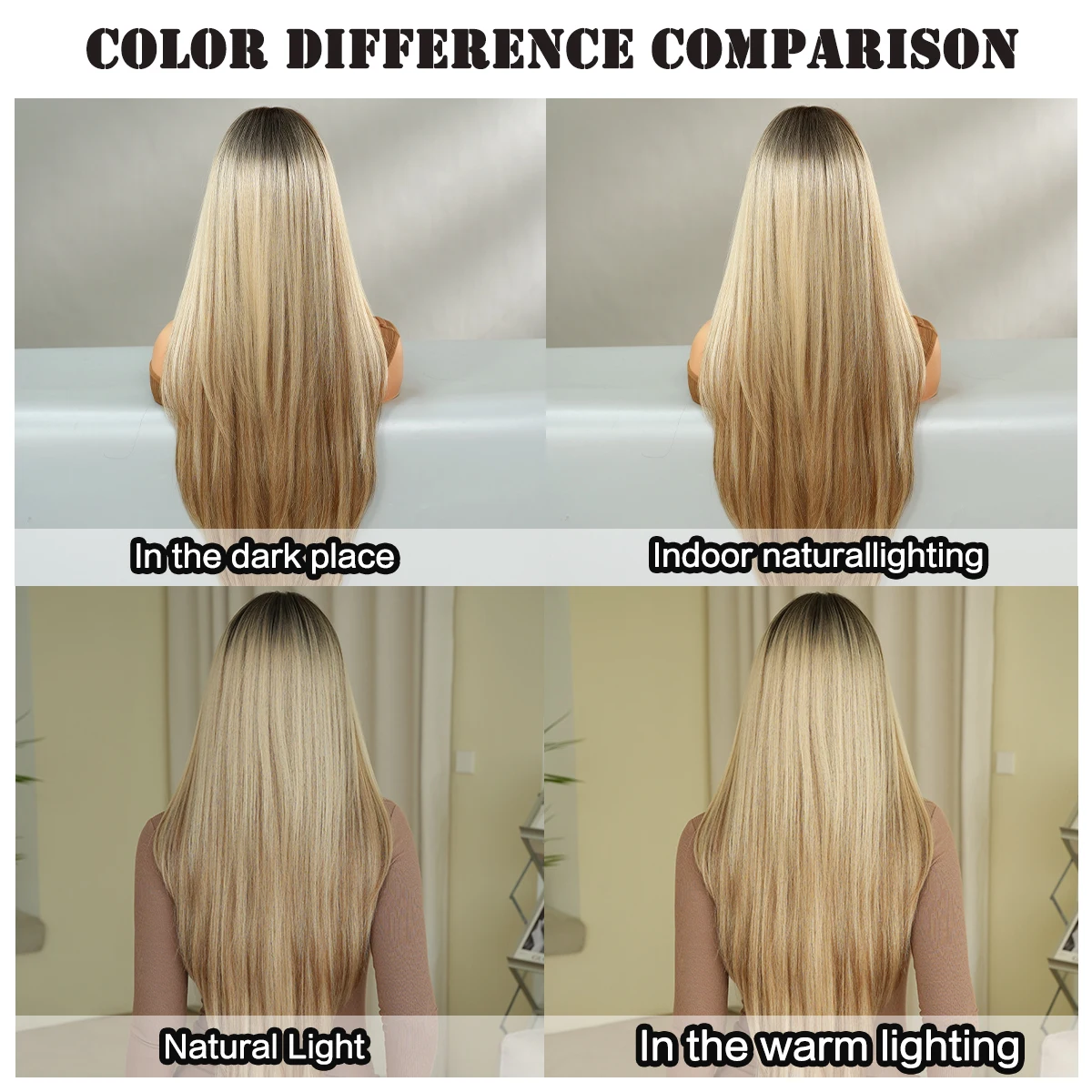 7JHH WIGS Long Straight Layered Champagne Wig for Women Synthetic Modest Fashion Wear and Go Blonde Wigs with Dark Roots - view 6