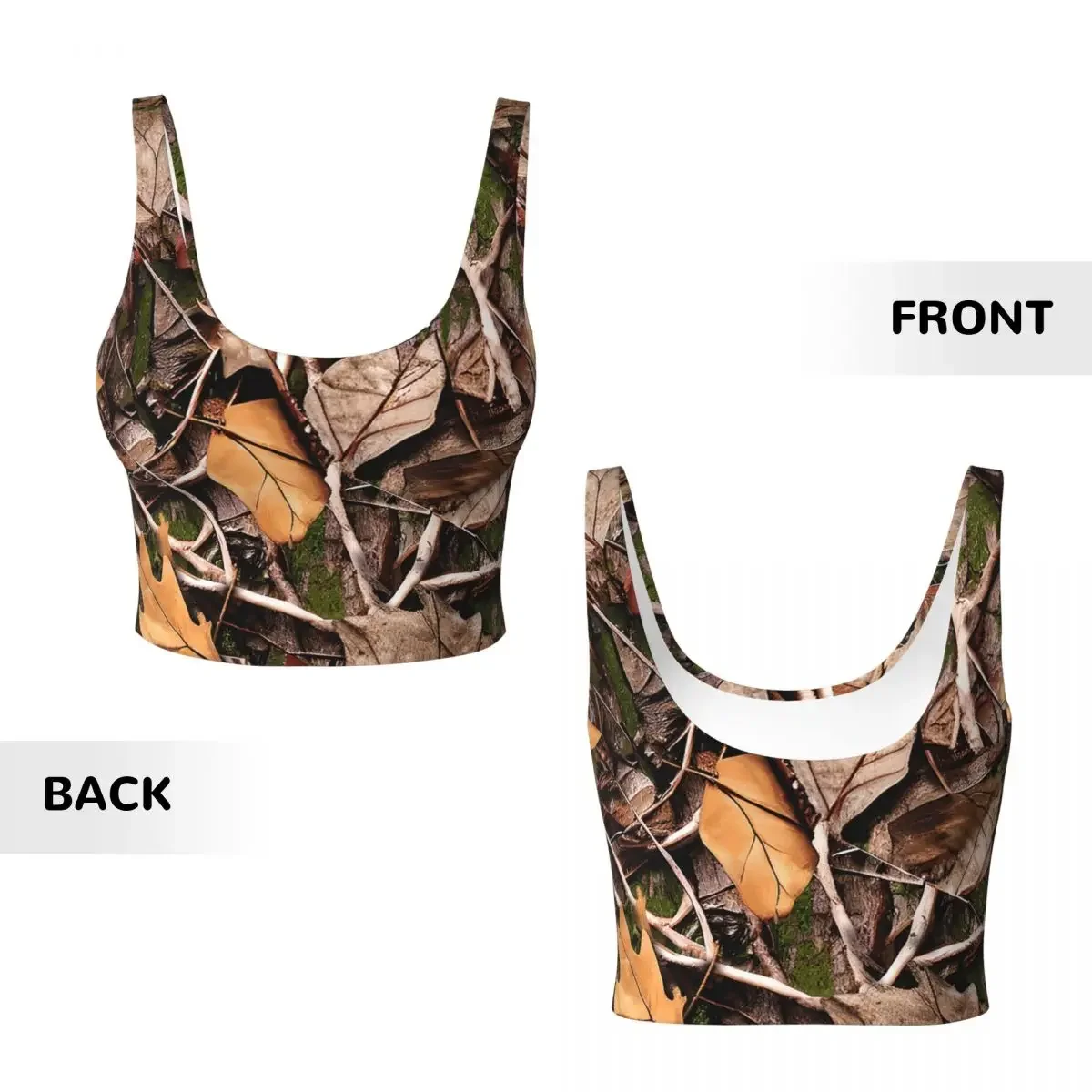 Custom Realistic Tree Hunting Camo Leaves Sticks And Bark Camoflouge Women Sports Vest Bra High Impact Yoga Crop Tank Top