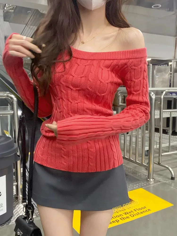 MosesQueen حار فتاة مائلة الكتف محبوك سترة المرأة الشتاء خمر تويست الكتف التخسيس تنوعا قاعدة طبقة سترة #1