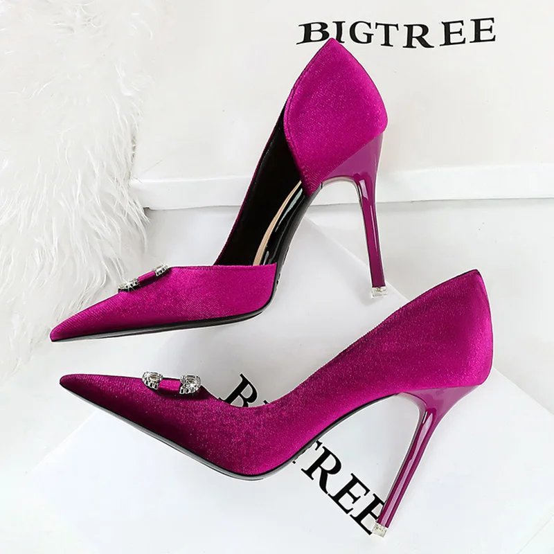 New Women 10.5cm High Heels Rhinestone Pumps Lady Sexy Shallow Pointed Toe Velvet Wedding Heels Female Purple Pink Green Shoes