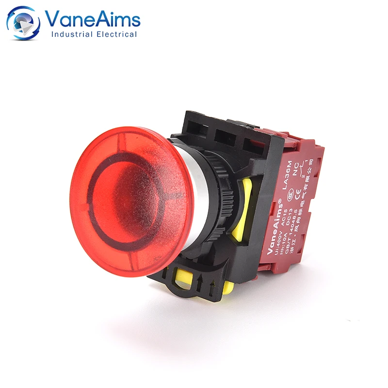 22mm LA36M Mushroom Button Switch with LED Latching Momentary Self Reset Push Button Switch RED GREEN 12V 24V 110V 220V