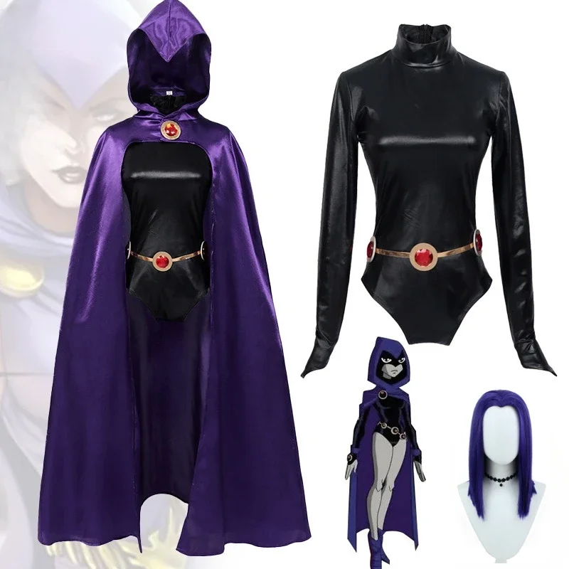 

Raven Cosplay Costume Anime Teen Titans Super Hero Cos Jumpsuit Cloak Belt Suit Women Black Bodysuit Wig Carnival Party Uniform