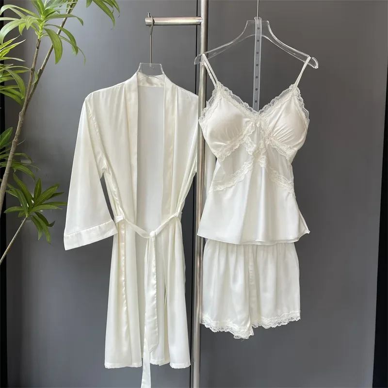 

Lady Three-Piece Sleepwear Pajamas Set Summer Kimono Bathrobe Lace Hollow Out Strap Top&Shorts Pijamas Suit Sexy Satin Lingerie