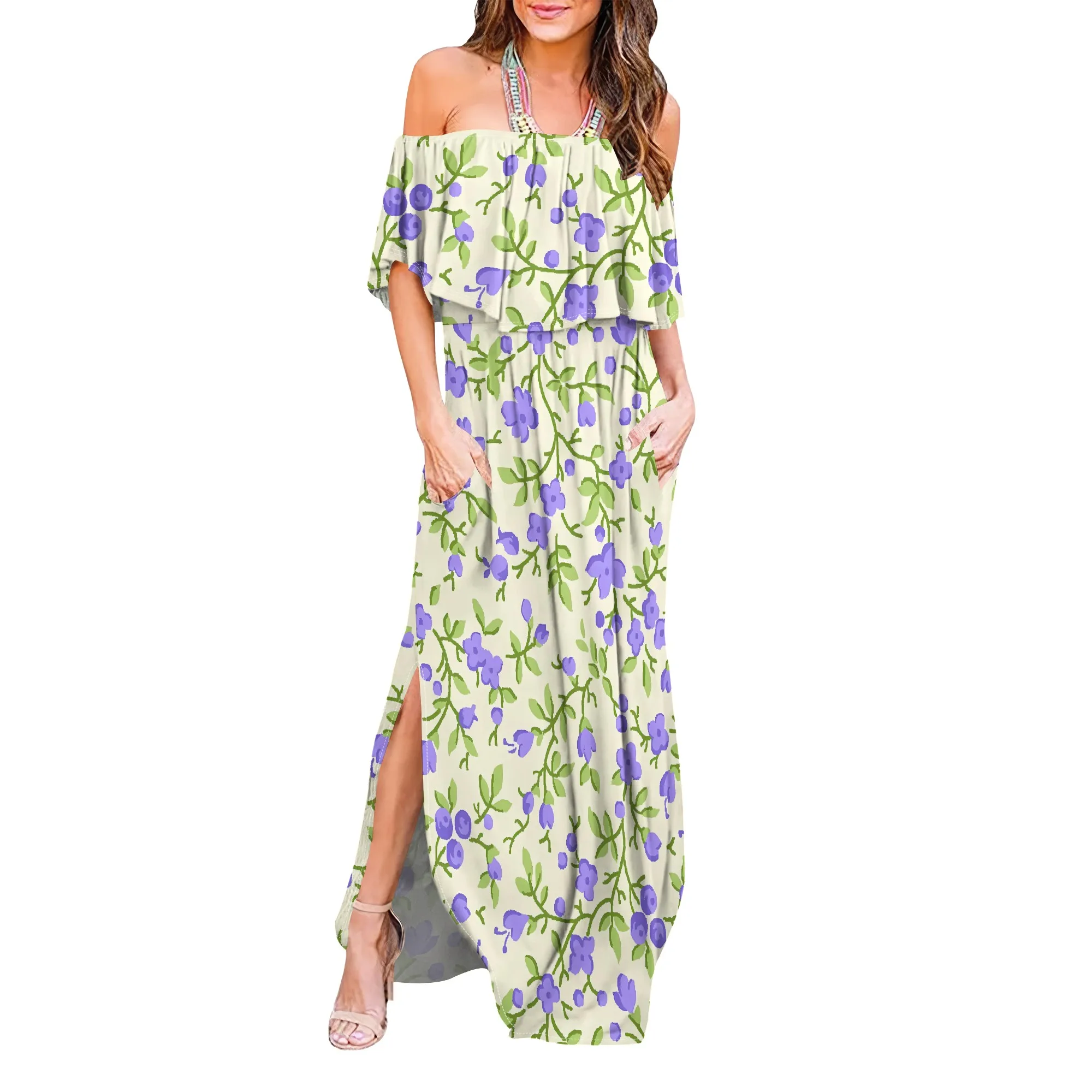 Nupusa ดอกไม้พิมพ์ปิดไหล่ Maxi ชุดผู้หญิงฤดูร้อนหลวมชุดยาว