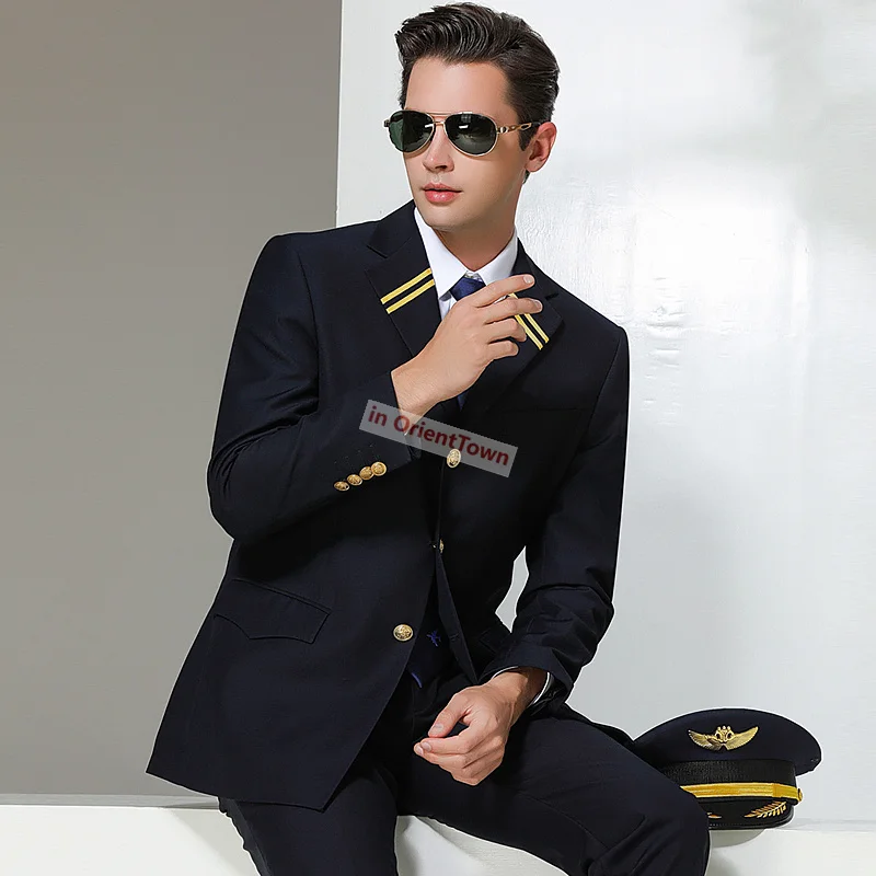 Airline Captain Standard Uniform Flight Attendant Pilot Hat Coat Pants Set Male Sales Staff Suit Employee Supervisor Blazers