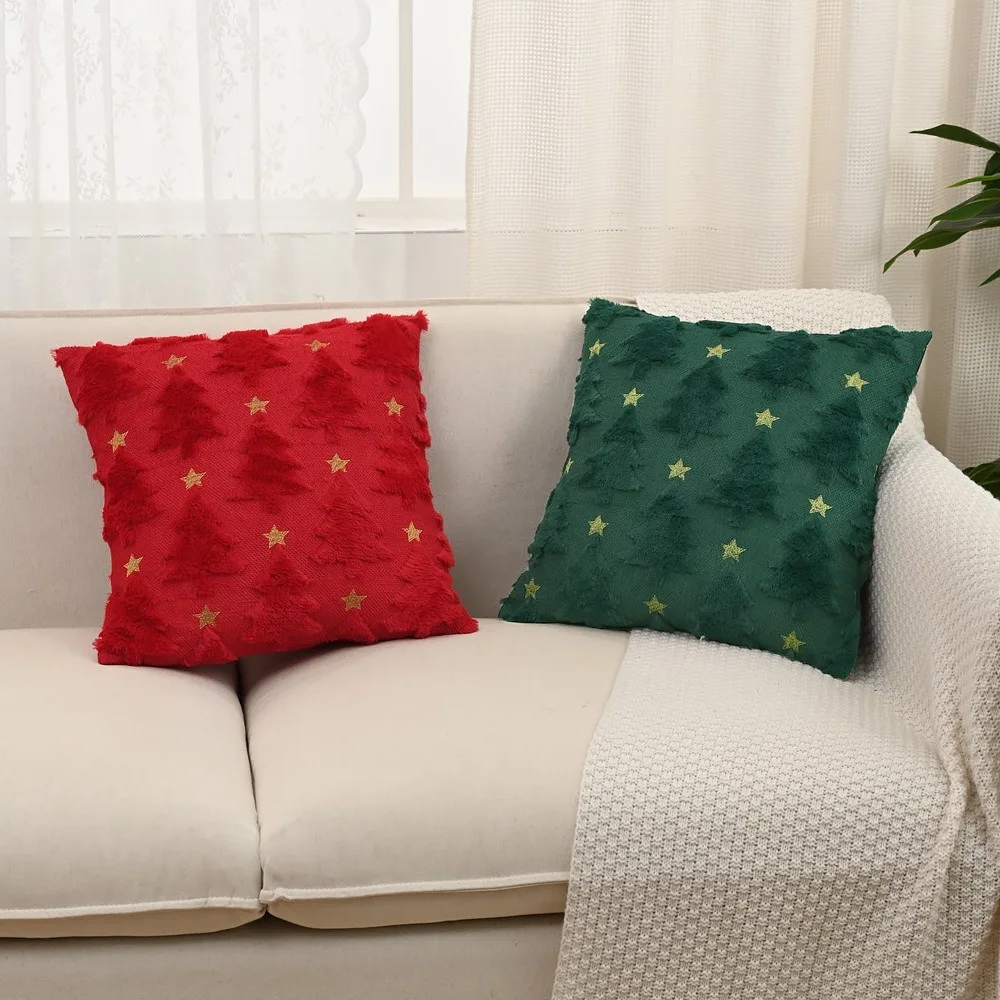 New Christmas Tree Plush Cushion Cover Decorative Soft Xmas Pillowcase Embroidered Golden Star Square Pillow Case Party Decor