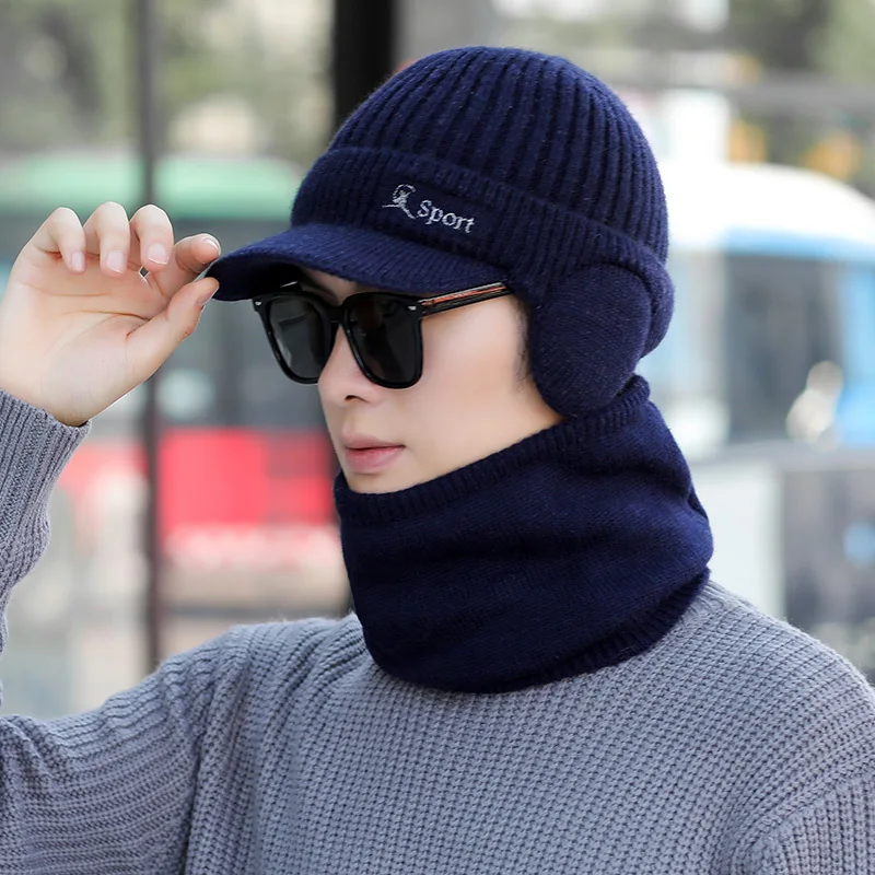 Men's Winter Hat Scarf Set Keep Ear Warm Knitted Visor Caps With Loop Scarf For Male Black Grey Blue