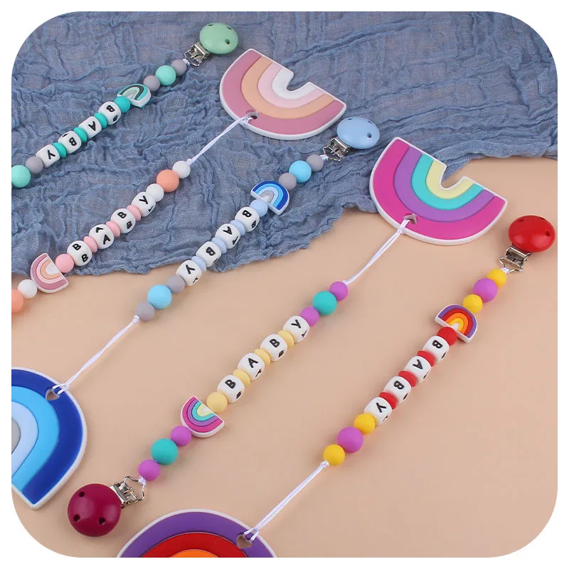 Baby Pacifier Clip Chain Personalized Name Silicone Rainbow Teether Dummy Nipple Holder Clips Accessories Teething Toys BPA Free