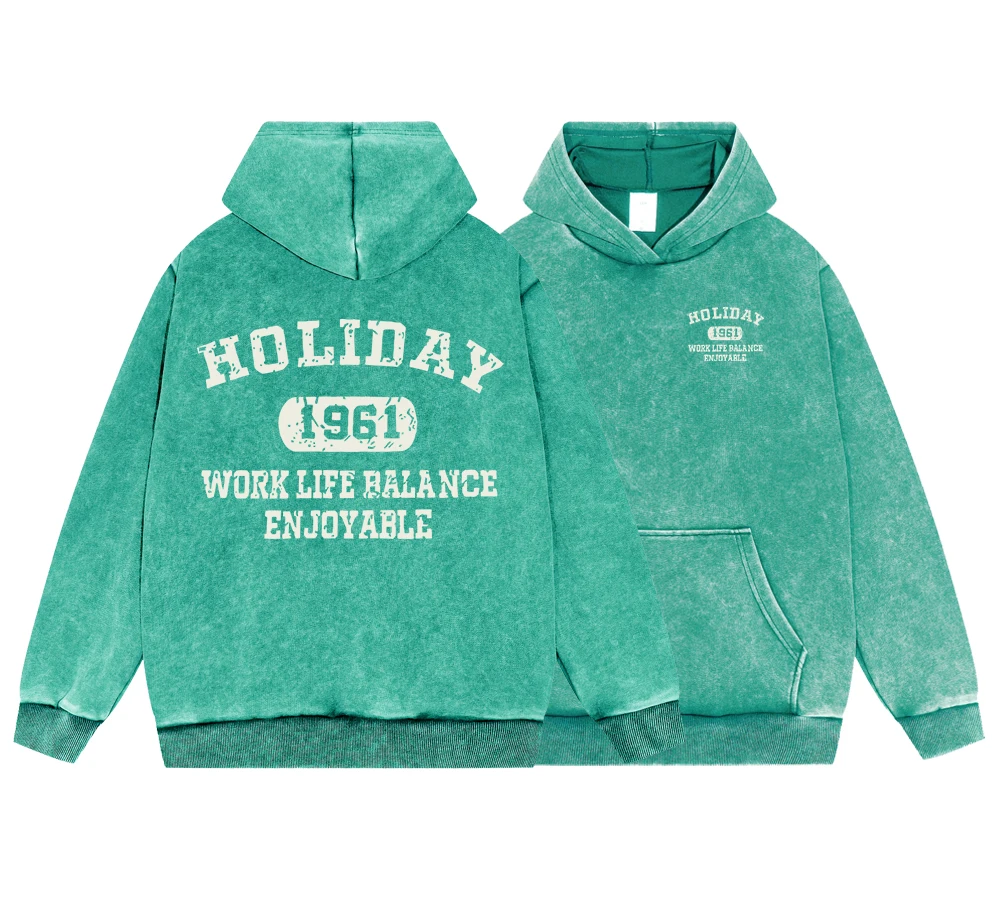 Holiday 1961 Work Life Belance Enjoyable Man Vintage Washed Cotton Hoodies Pullover Fashion Casual Autumn Loose Tops