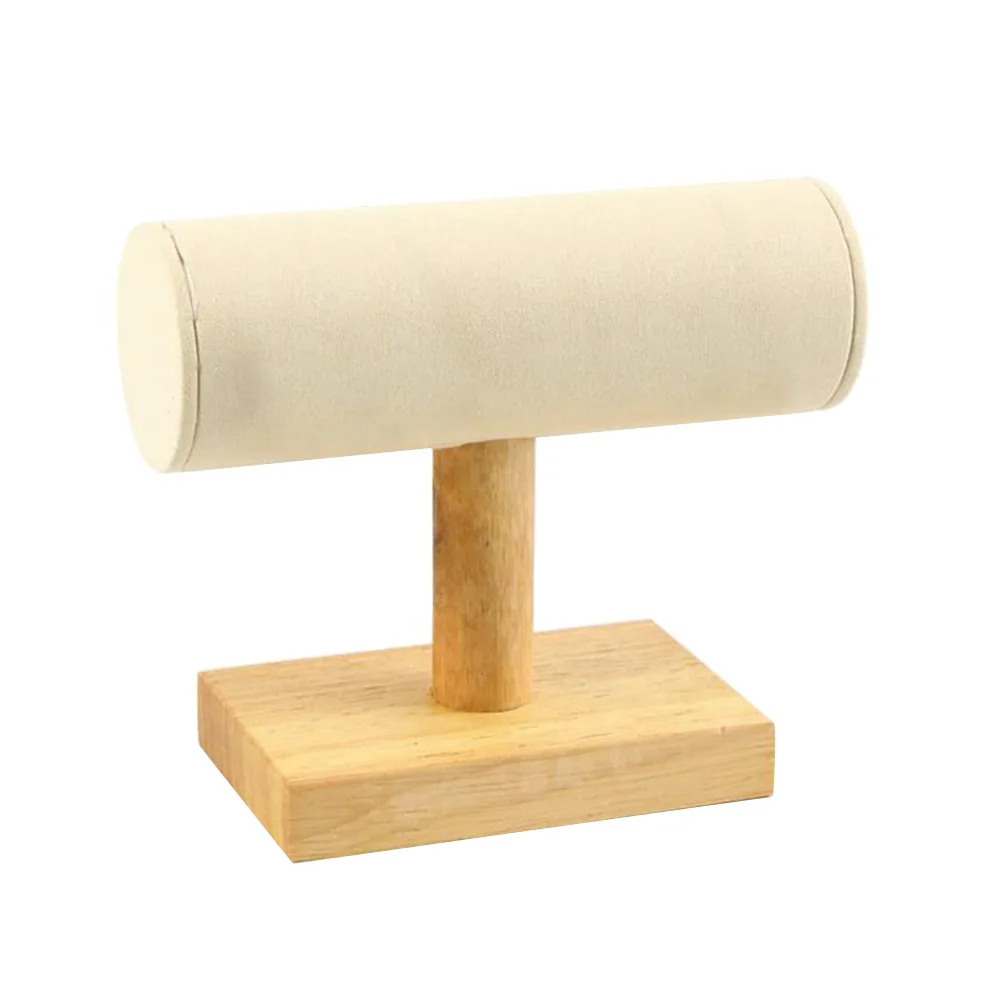 حامل منظم المجوهرات مصنوع من مادة الخشب الفاخر وحامل أنبوبي للسوار باللون البيج ورف تخزين صغير متعدد الوظائف أنيق #1