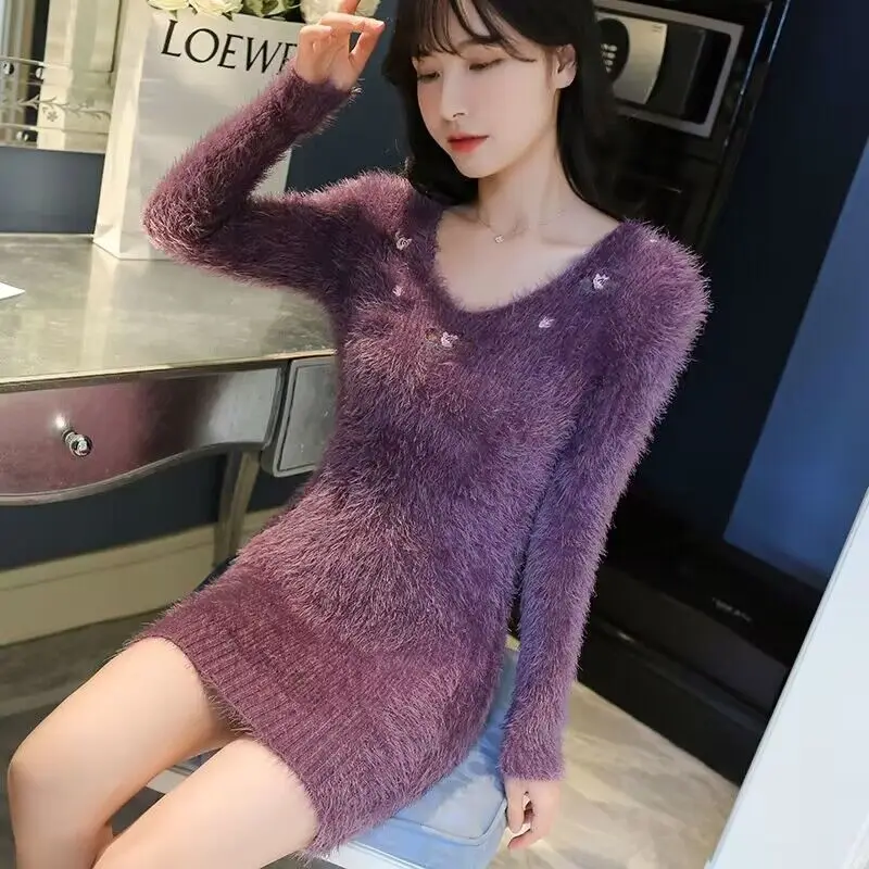 

Новый свитер из норки, женское платье с v-образным вырезом и вышивкой, облегающий базовый свитер, женский стиль средней длины