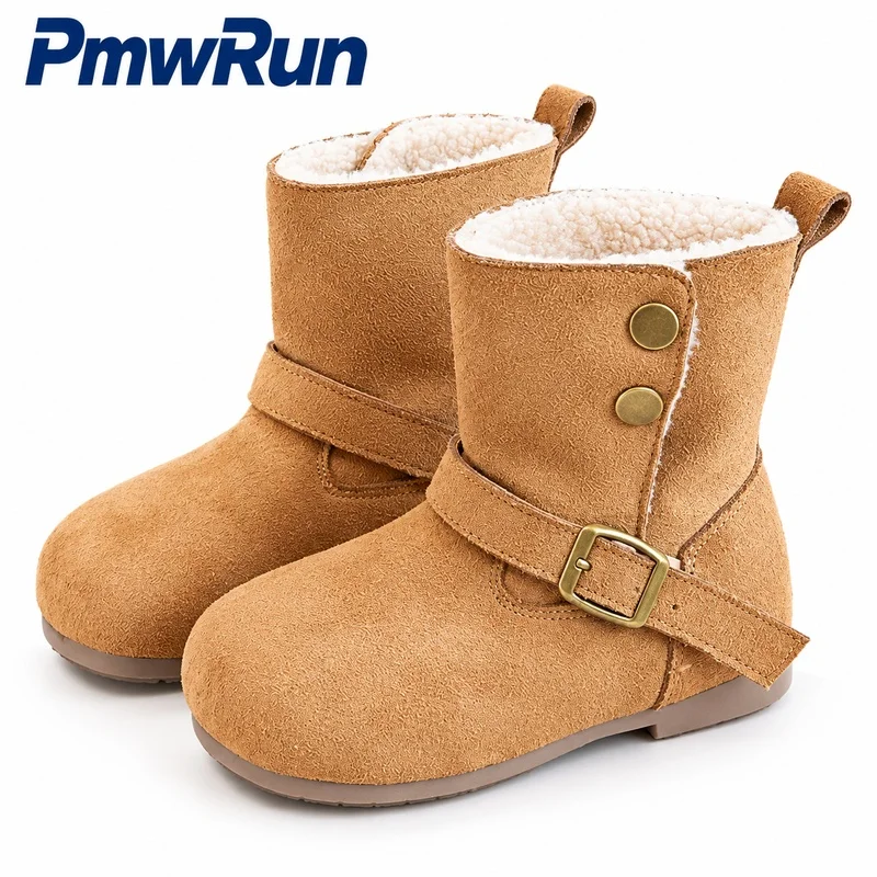 Winter Plush Boots For Girls Thick Warm Outdoor Padded Cotton Shoes Solid Color Vintage Running Snow Footwear