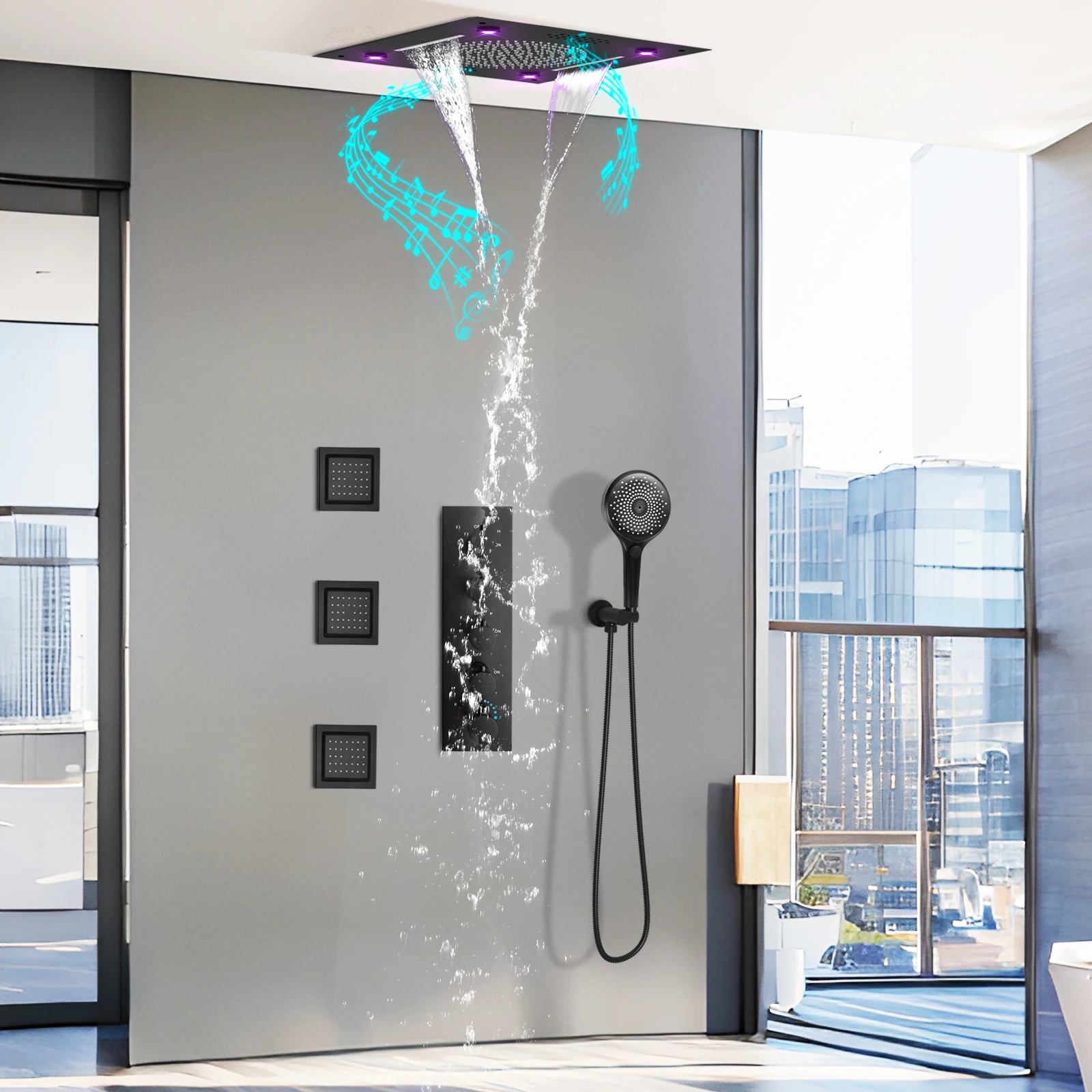 LED music shower system matte black shower sleeve wall high -voltage shower head and manual spray shower massage spa