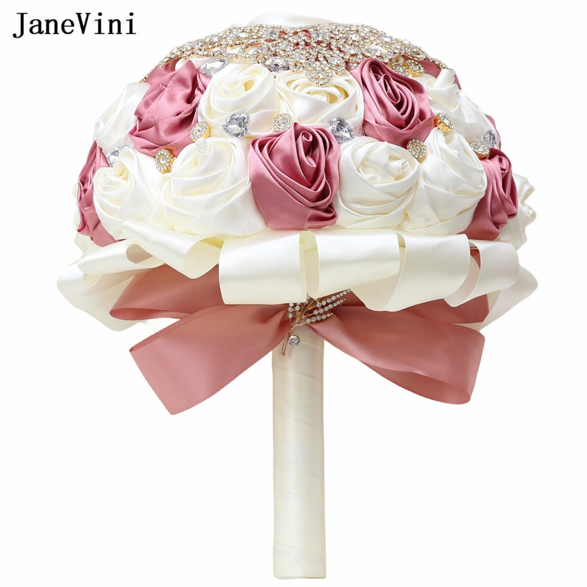 JaneVini Korean Style Pink Ivory Ribbon Flowers Bridal Bouquets Crystal Artificial Satin Roses Wedding Bouquet Accesorios Novia