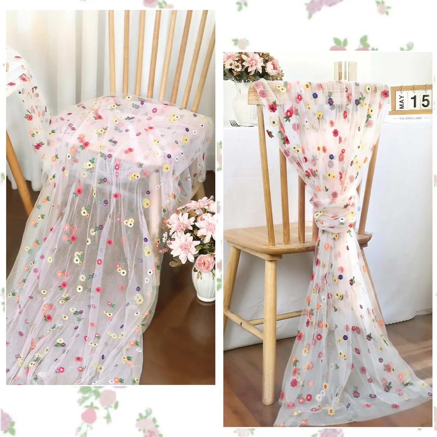 Embroidery Daisy Table Runner Floral Embroidered Lace Tulle Runner Colorful Flower Table Cover for Bridal Shower Birthday Party