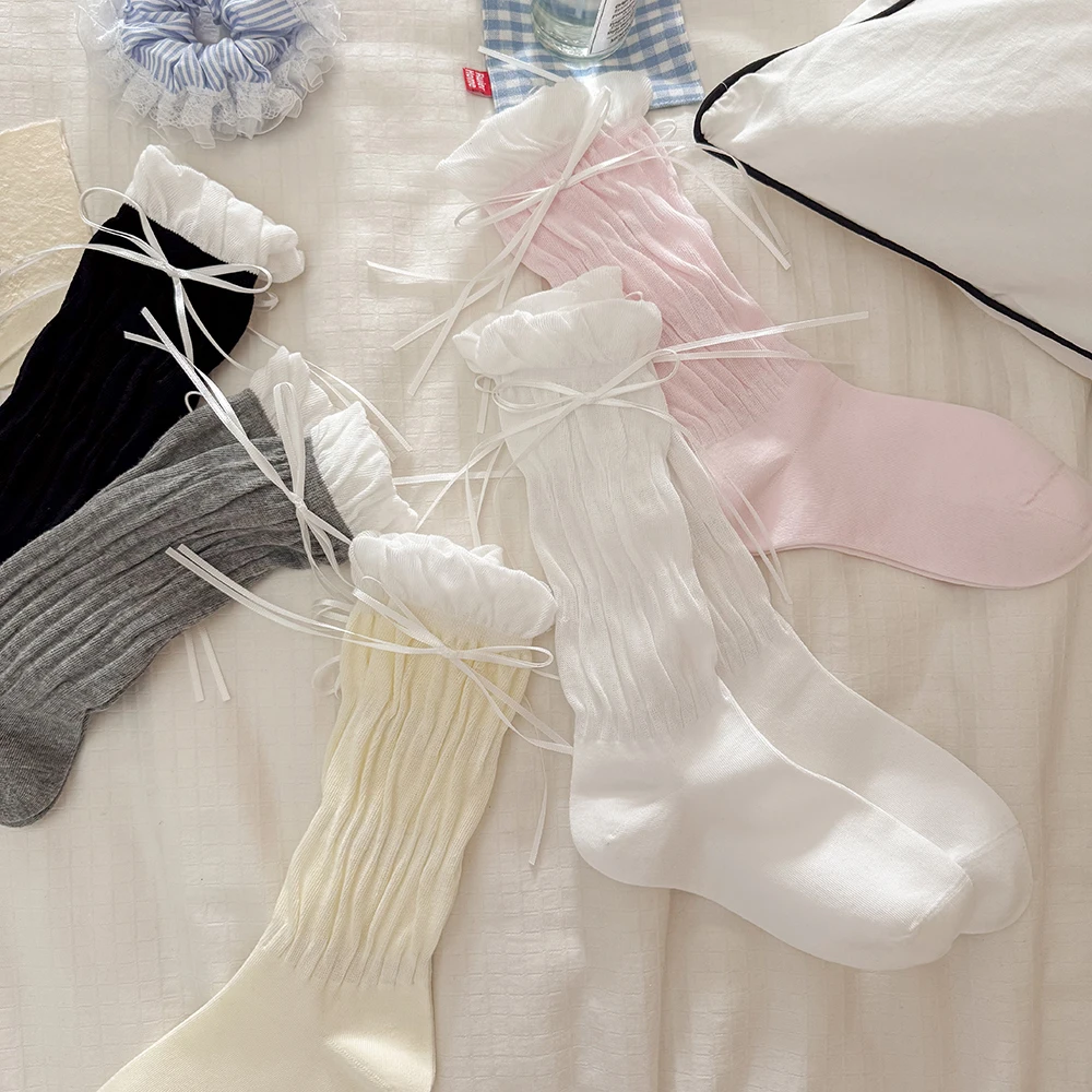 

10/15 PCS Mid-calf Socks Ballet Style Bow Socks Women's Fluffy Edge Sock Solid Color Breathable Short Stockings Summer