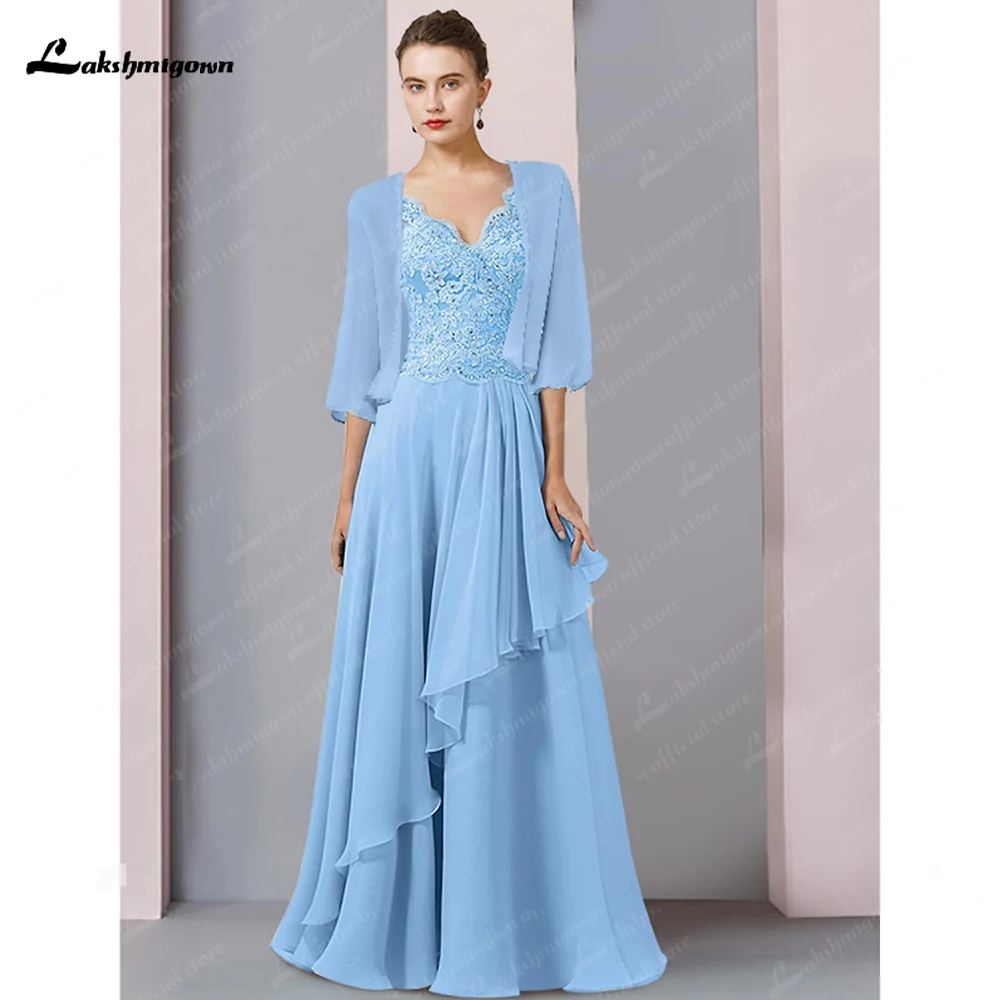 

Two Piece A-Line Mother of the Bride Dress Formal Wedding Guest Party Elegant V Neck Floor Length Chiffon Lace Half Sleeve Wrap