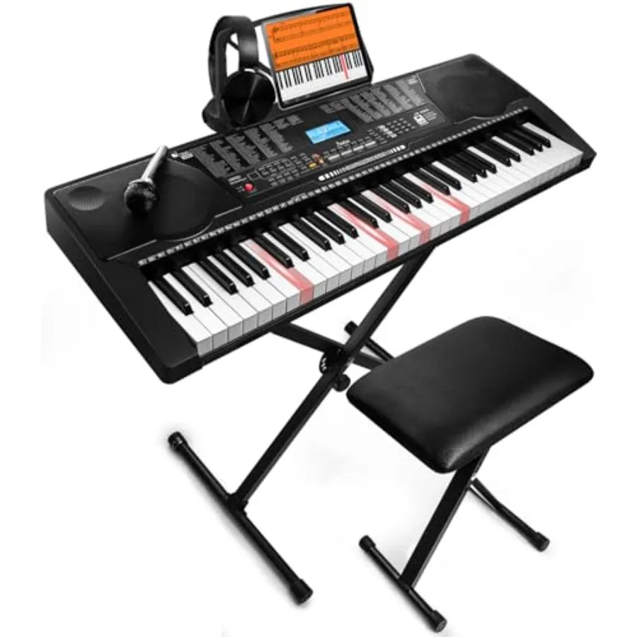 61 Key Portable Electronic Keyboard Piano with Lighted Full Size Keys LCD Headphones X-Stand Stool Music Rest Microphone Note S