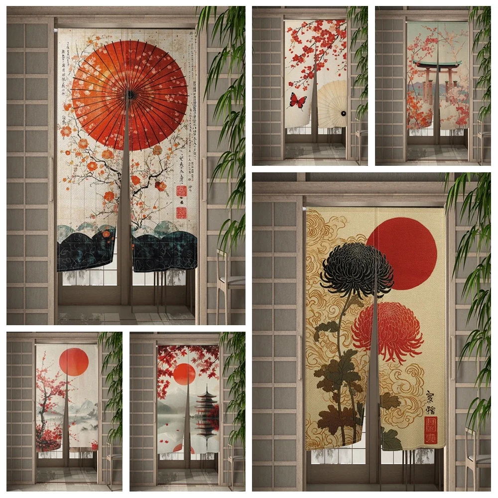 Traditional Japanese Style Door Curtain Sakura Butterfly Torii Gate Motifs Elegant Home Decor For Kitchen Bedroom Half Curtains