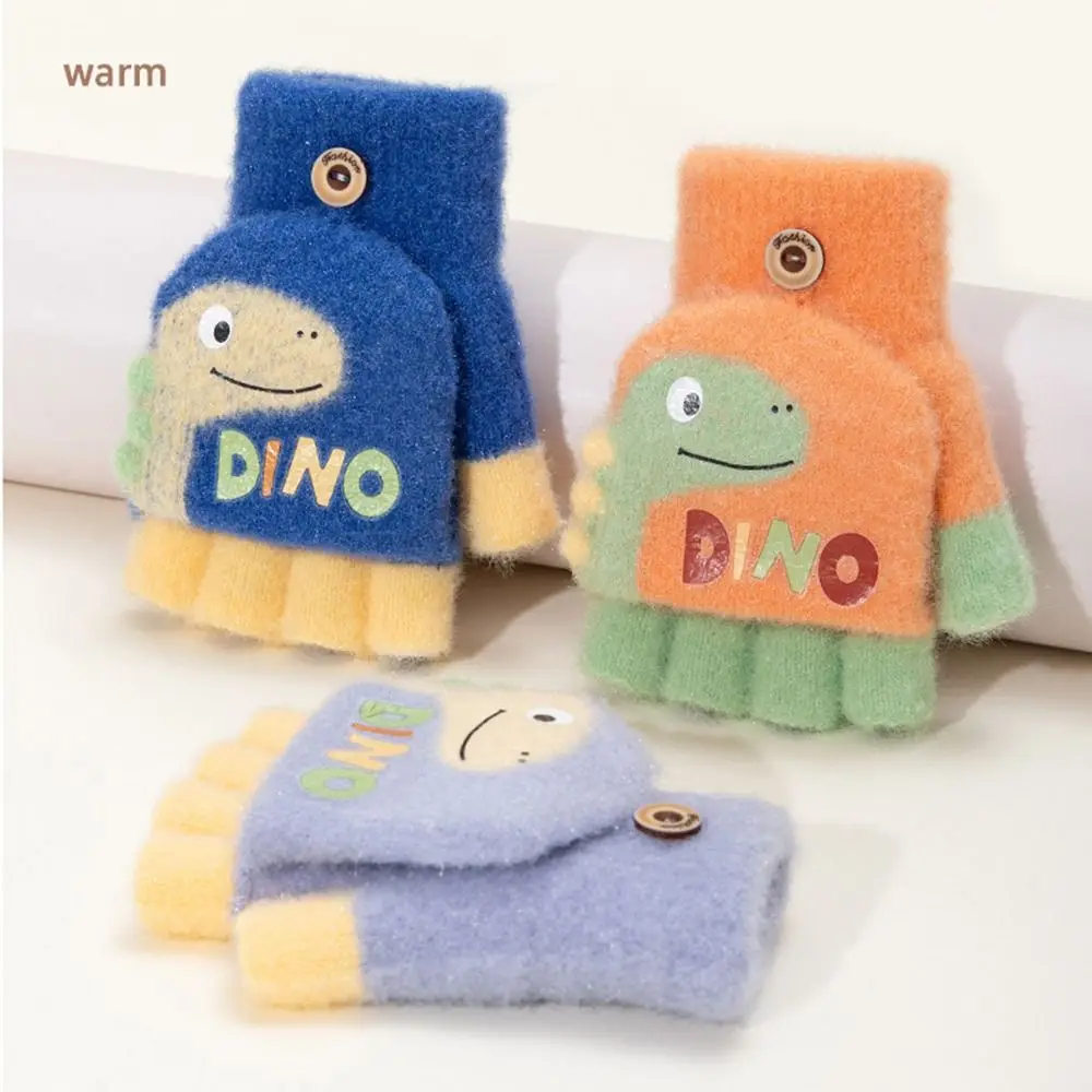 Cute Warm Child Gloves Thickened Dinosaur Half Finger Flip Gloves Knitted Ski Gloves