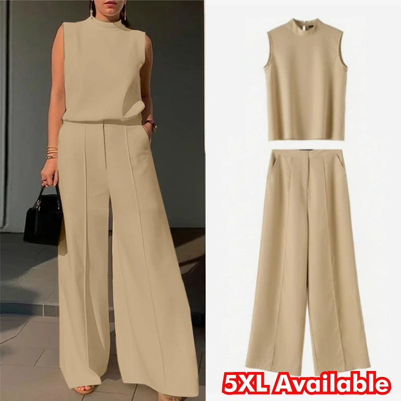 ZANZEA Damen-Hosenanzüge in Übergröße, elegant, minimalistisch, mit weitem Bein und ärmellosem Oberteil, 2-teiliges Set, Sommer-Outfits für Damen, 5XL