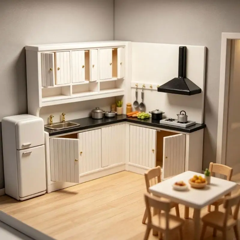 Wooden Miniature Kitchen Cabinet with Multiple Fronts, Open Compartments, Countertops, Sink, and Cooktop Features for