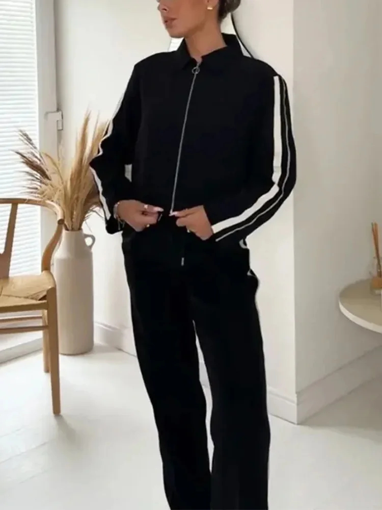 

HH 2024, женские брюки в полоску, спортивные костюмы, женское пальто с длинными рукавами и лацканами на молнии + широкие брюки с высокой талией, комплект из двух предметов