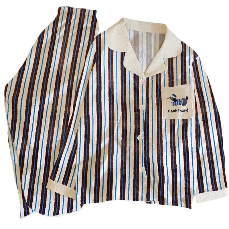 Korean Style Striped Letter Dog Pajamas Set Fashion Autumn Winter Vintage 2 PC Set Loungewear New Long Sleeve Lapel Neck Pajamas