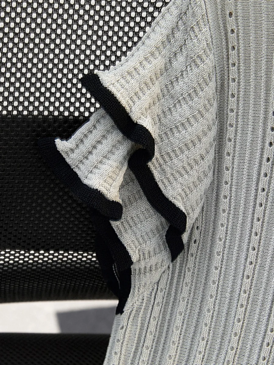 Large Size Women's T-irt Ice Silk ort Sve Knitted Hollow out Color Blo Doll Collar Faionable Summer Top