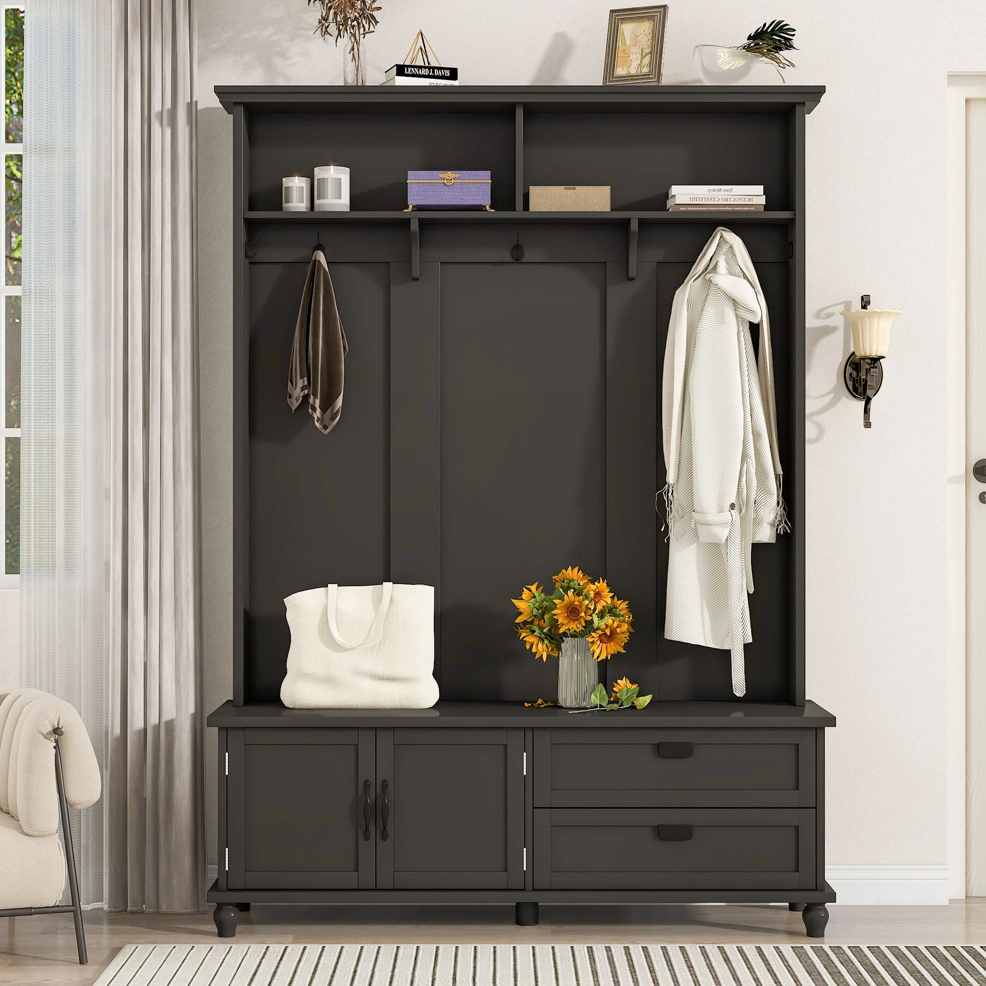 

Hall Tree Modern Entryway Bench With Storage Open Shelves Cabinet Drawers Coat Hooks Storage Cabinet For Hallway Living Room