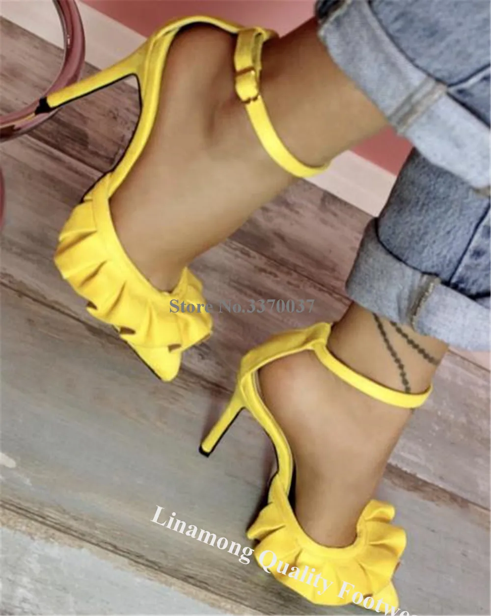 Linamong Yellow Suede Ruffles Thin Heel Pumps Charming Pointed Toe Fringes Ankle Strap Stiletto Heel Dress Shoes Party Heels