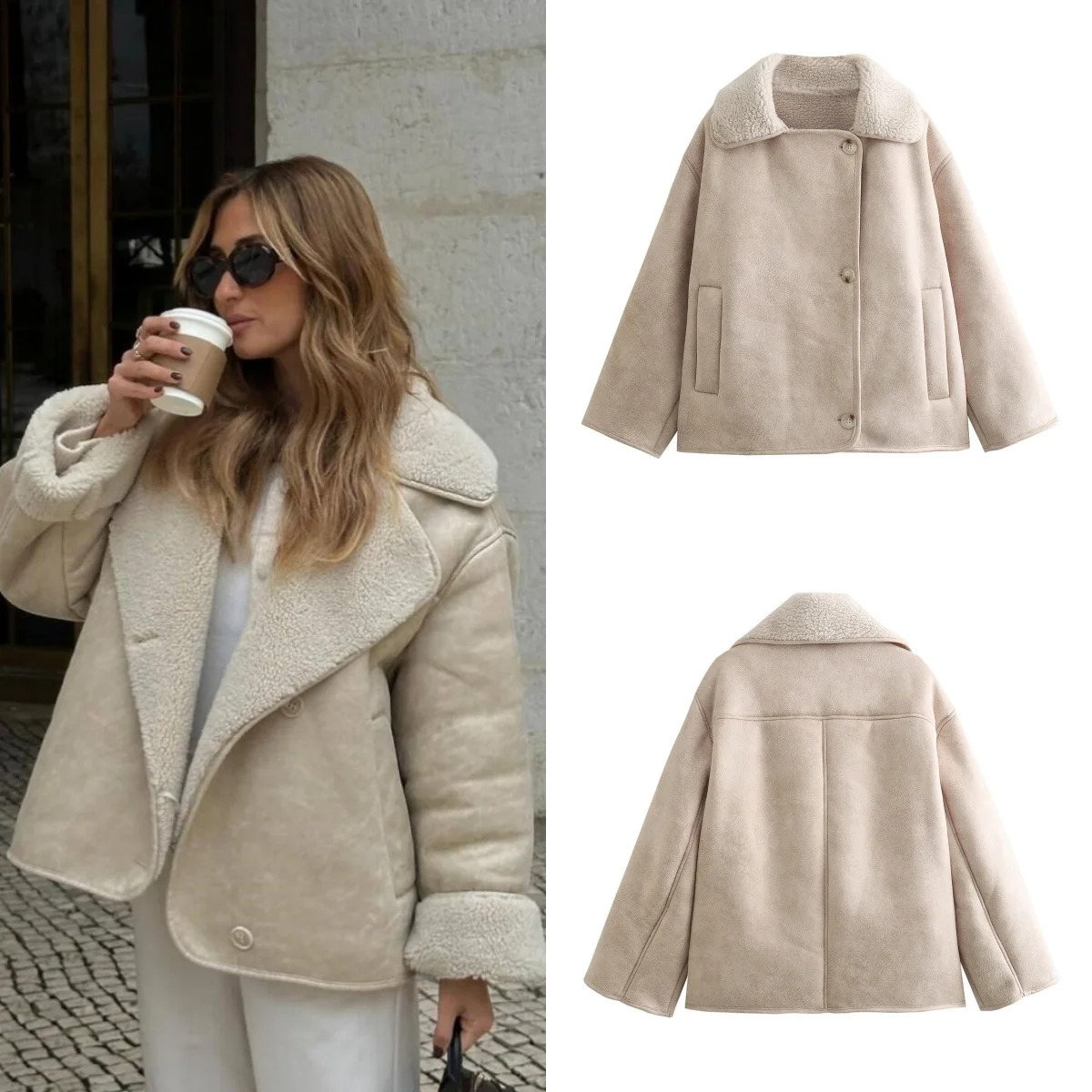 PB&ZA 2024 early autumn new women's fashion versatile simple plush lapel plush warm long-sleeved jacket