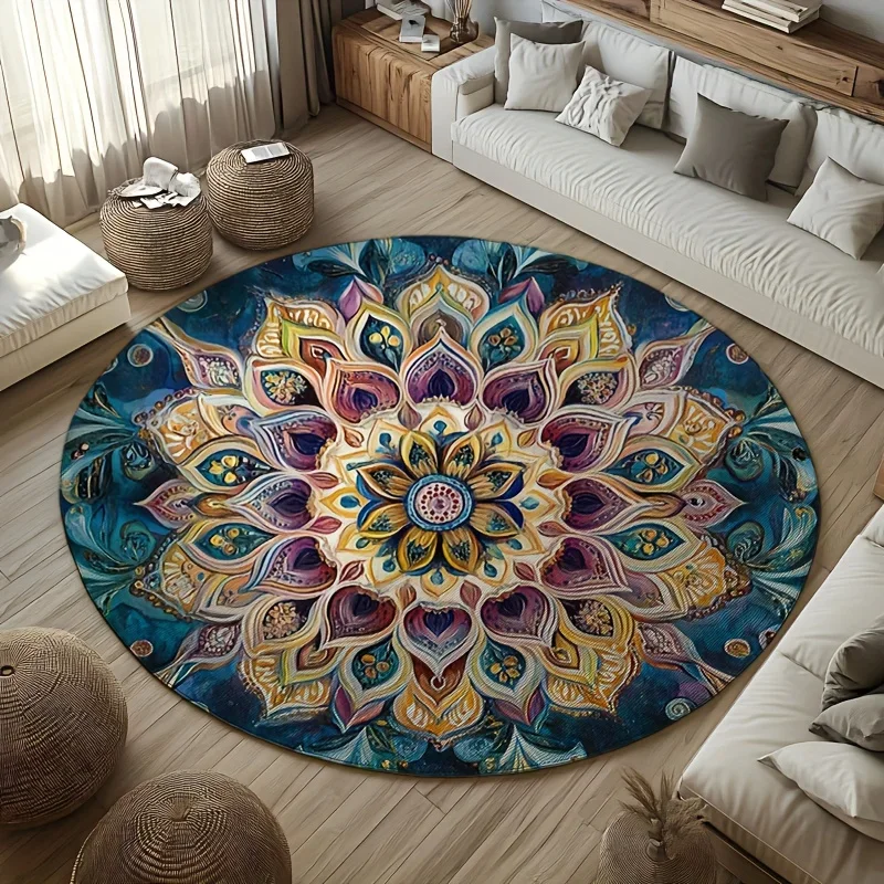 Mandala Flower Round Rug Flannel Printed Carpet Boho Art Design Home Decor Cozy Soft Floor Mat Living Room Indoor Use