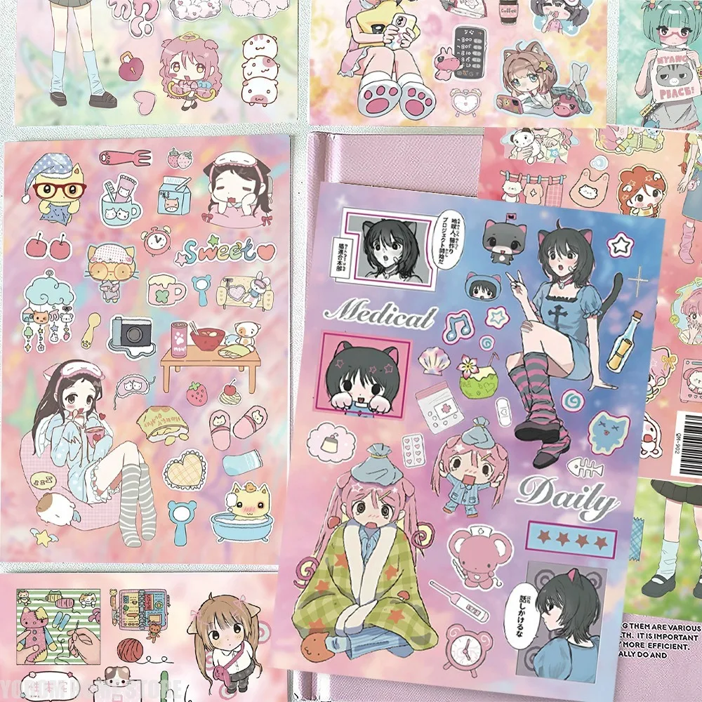 Kawaii Anime Girls Daily Scenes Paper Stickers 8 Pieces Lovely Pattern for Scrapbook Album Handcraft Decoration Accessories