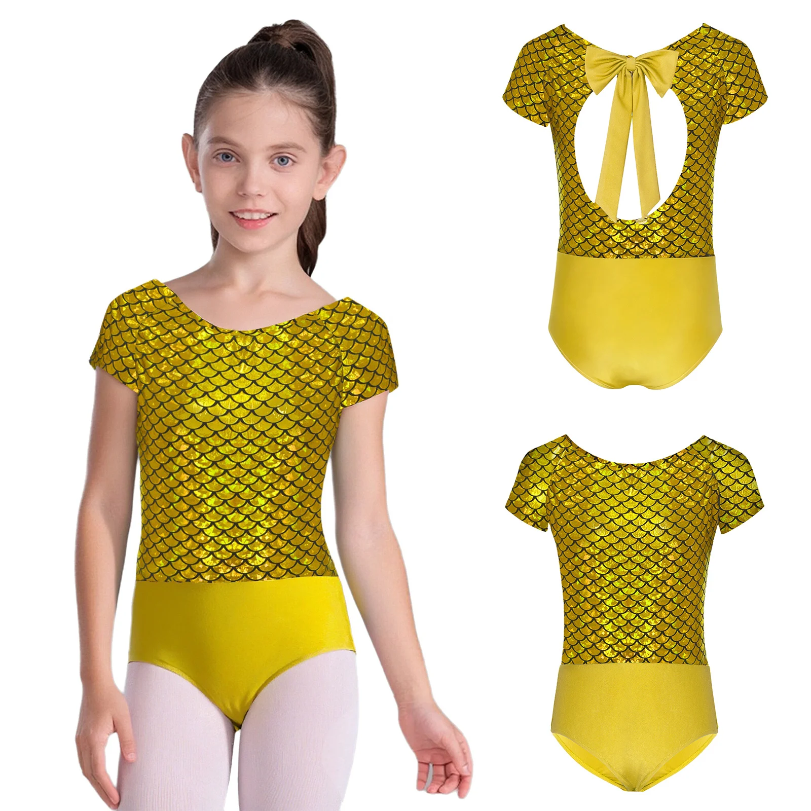 أطفال فتاة معدنية مقياس السمك طباعة الباليه ملابس رقص الجاز قصيرة الأكمام Bowknot انقطاع الظهر بذلة الباليه ملابس الرقص الغنائية