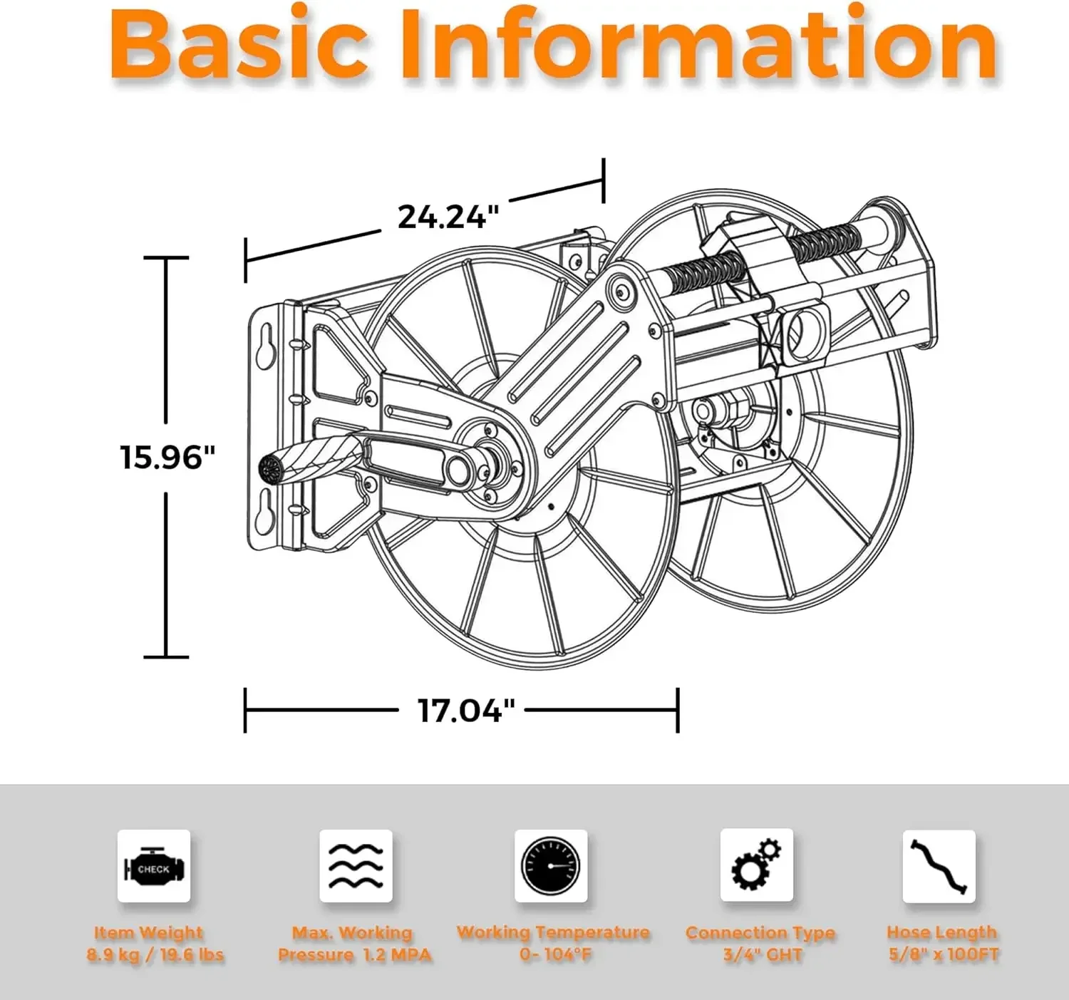 Stainless Steel Garden Hose Reel Heavy Duty, Wall/Floor Mounted Metal Water Hose Reel Retractable with Crank