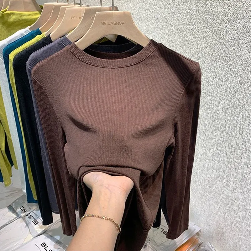 

Футболка Slim Fit Long Sve round Ne, женская ранняя осень, новинка Sle, универсальный базовый слой, топ в рубчик