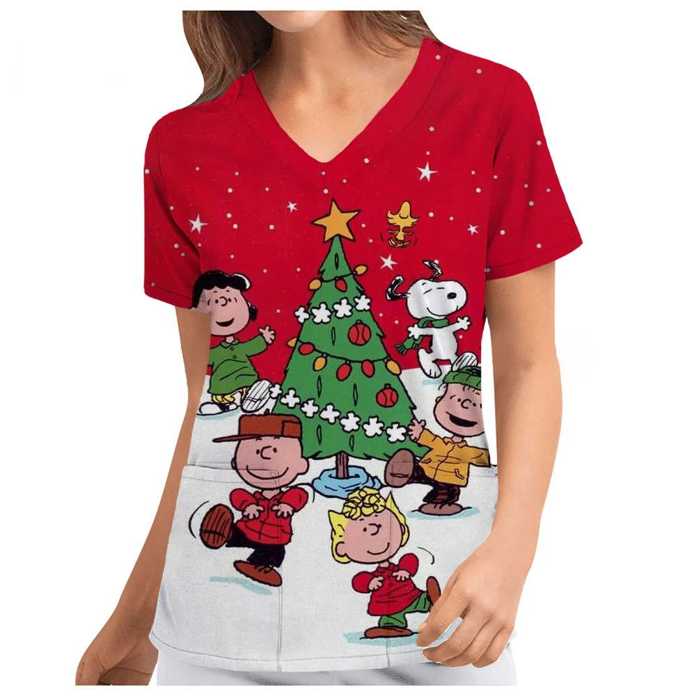 女性用クリスマススノーピープリントスクラブ、ショート医療ユニフォーム、介護用トップス、ブラウス、ペットケア用ワークシャツ、ポケット