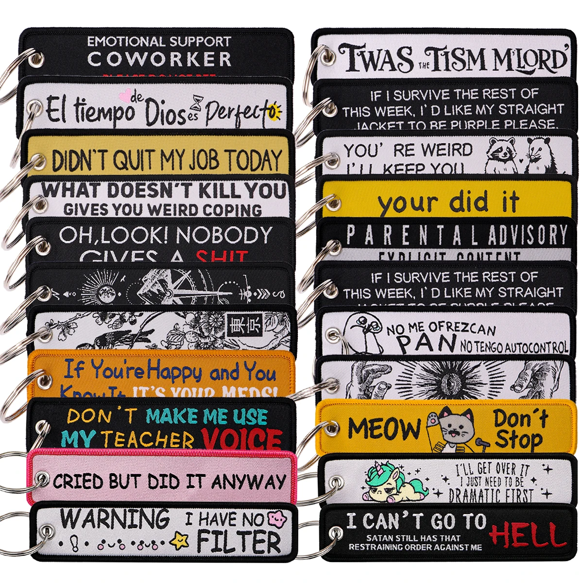 WARNING Spanish Quotes Embroidery Key Fobs Funny Key Tags Keychains for Motorcycles Cars Fashion Key Rings Accessories Gift 1pcs
