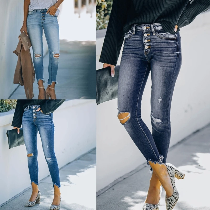 

Womens Mid-Waist Skinny Jeans Streetwear Women Slim Fit Button Fly Denim Pants Frayed Hem Ripped Hole Stretchy Pencil Trousers