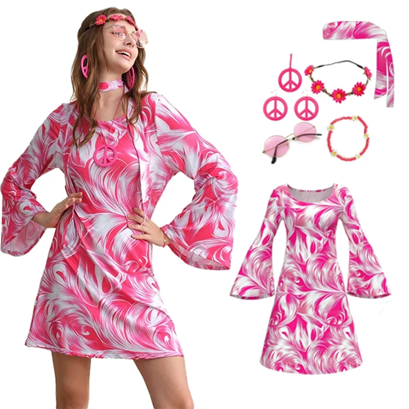 7 peças roupa de discoteca hippie traje feminino rosa estilo retro roupas vestido sinal de paz acessórios jóias dia das bruxas