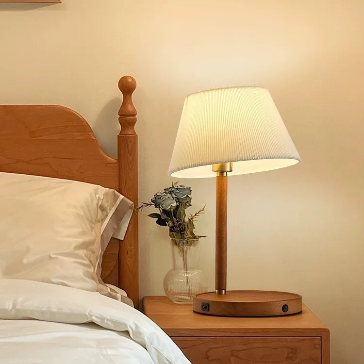 Pleated Fabric Table Lamp with Solid Wood Base for Bedrooms Living Rooms Studies Eye-friendly Design with Wireless Charging