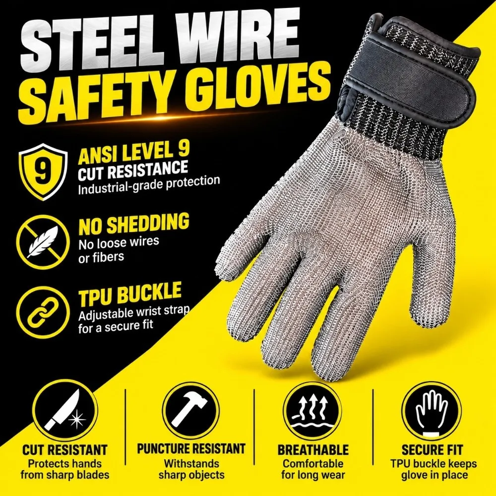 ANSI A9 Cut Resistant Glove Elastic Adjustable Strap Stainless Steel Mesh Glove Nylon Liner Metal Safety Work Glove Slaughtering