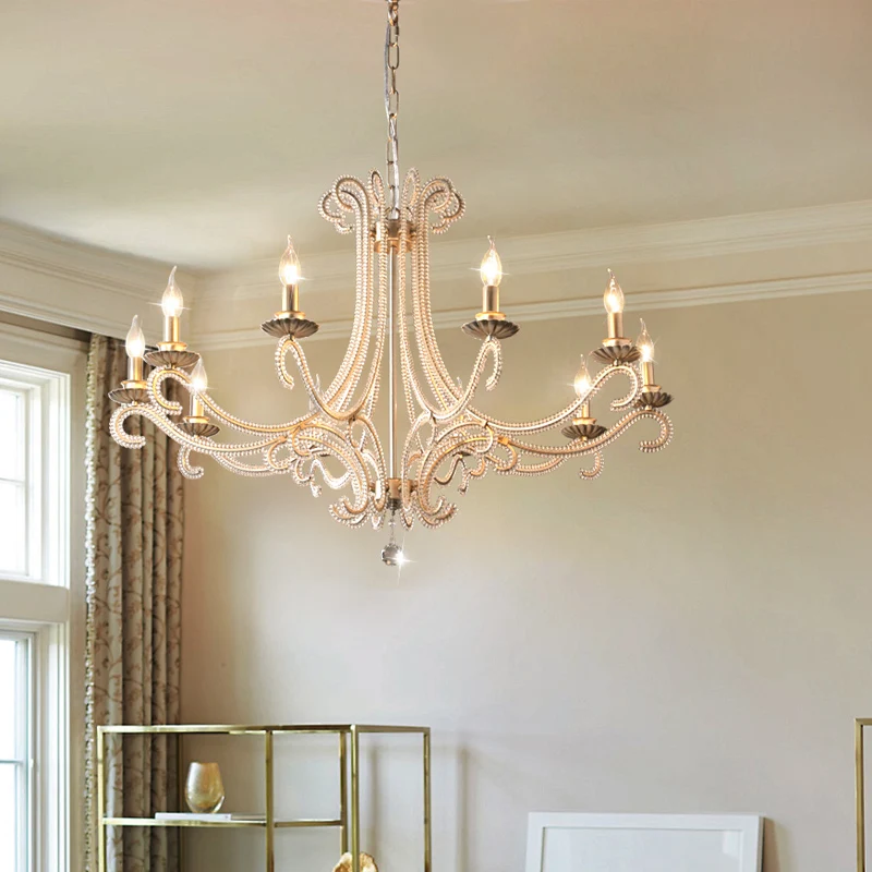 Retro Led Candle Crystal Chandelier for Living Room Dining Room Bedroom Duplex Building Antique Silver Brushed Iron Pendant Lamp