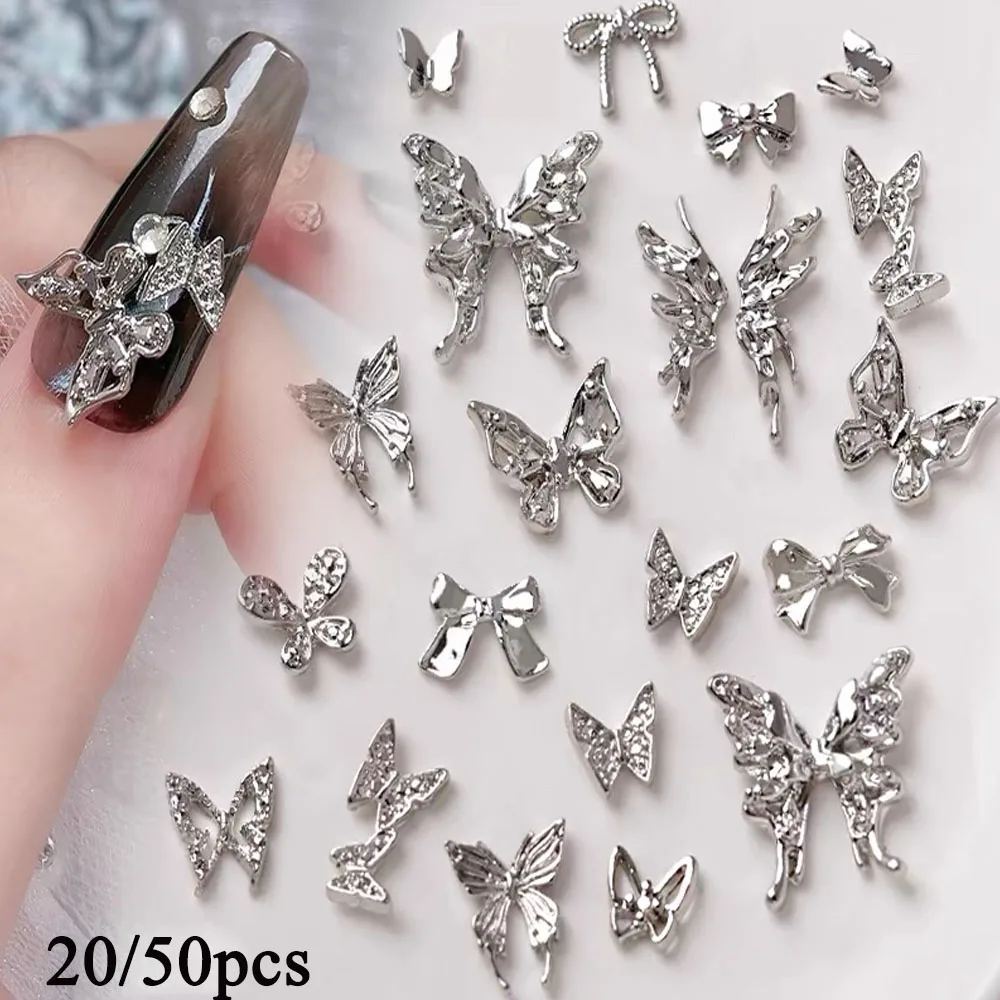 10/20/50pcs Luxury Silver Butterfly Nail Art Charms 3D Retro Mixed Alloy Bow-knot Nail Accessories Y2K Cool Girl For Nails Decor