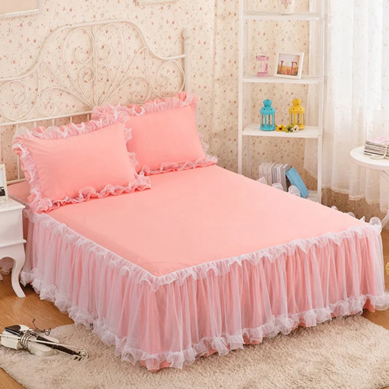 Lace Bed Skirt Luxury Princess Girl Bedspread Queen King Size Spring Fitted Sheets Bed Mattress Cover Retro Bedding with Skirt