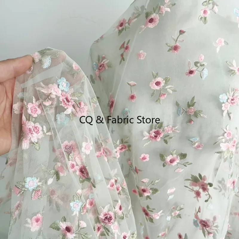 

Light Green Mesh Fabric With Colorful Flower Embroidery Soft Lace For DIY Dress Skirt Doll Clothes By The Medter