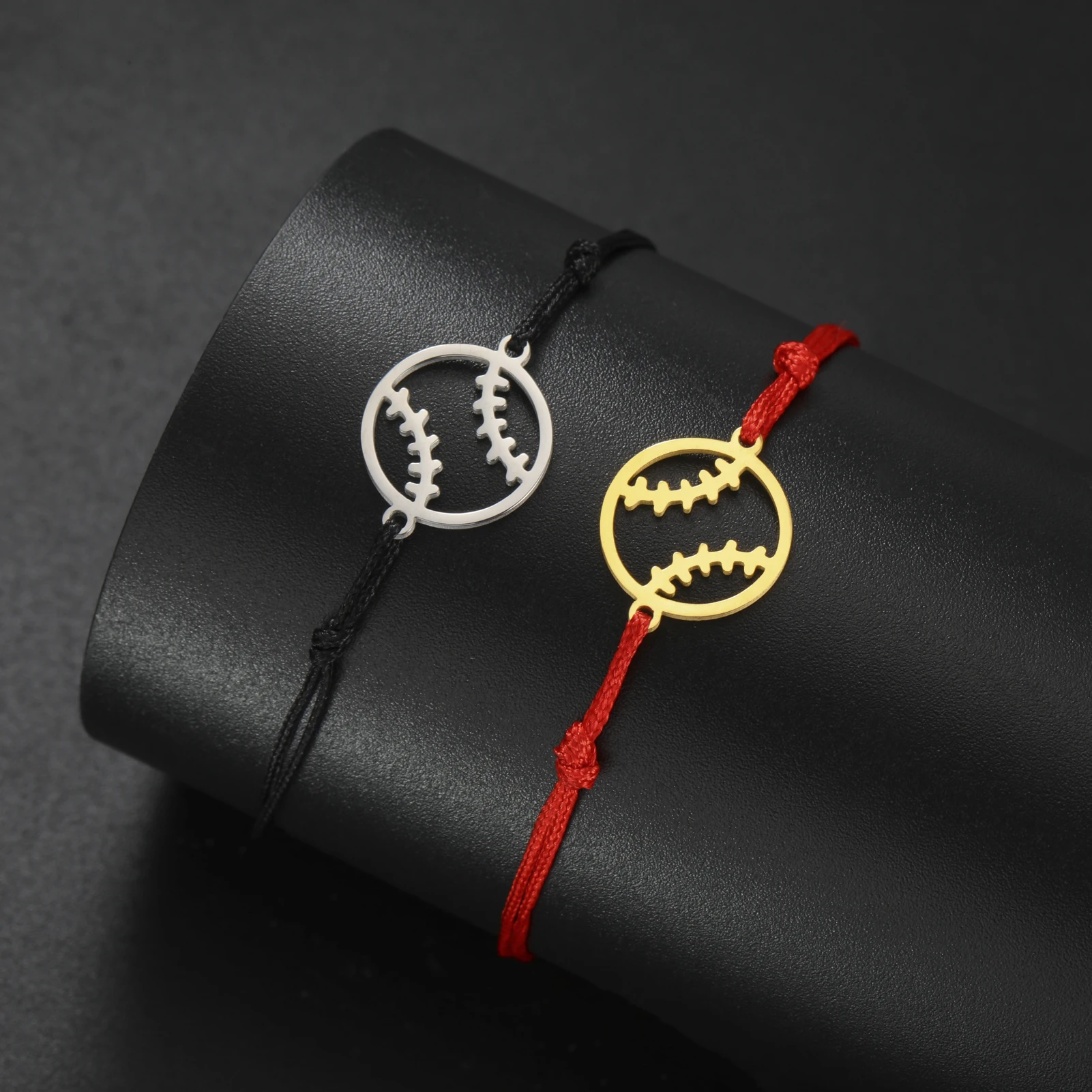 Dreamtimes Hollow Baseball Bracelets Stainless Steel Pendant Hand Braided Lucky Black Red Rope Fashion Charm Jewelry Gift